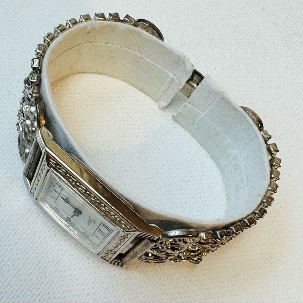 Vintage Forem Mother Of Pearl Women's Silver Crystals Chain Bracelet Watch - Picture 4 of 12